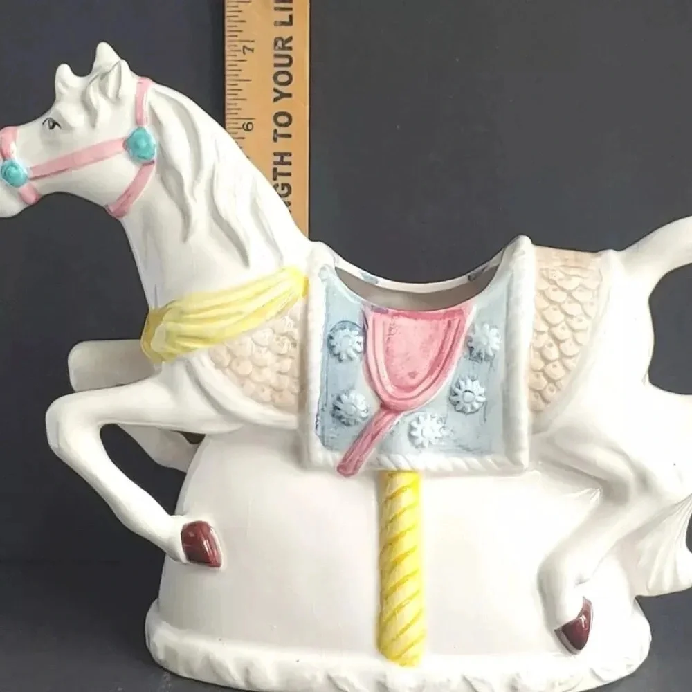 Vintage White Ceramic Carousel Horse Figurine Planter Vase - Heritage America